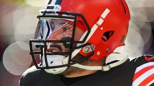 Cleveland Browns quarterback Baker Mayfield (6) takes the field before an NFL football game against the Baltimore Ravens at FirstEnergy Stadium,